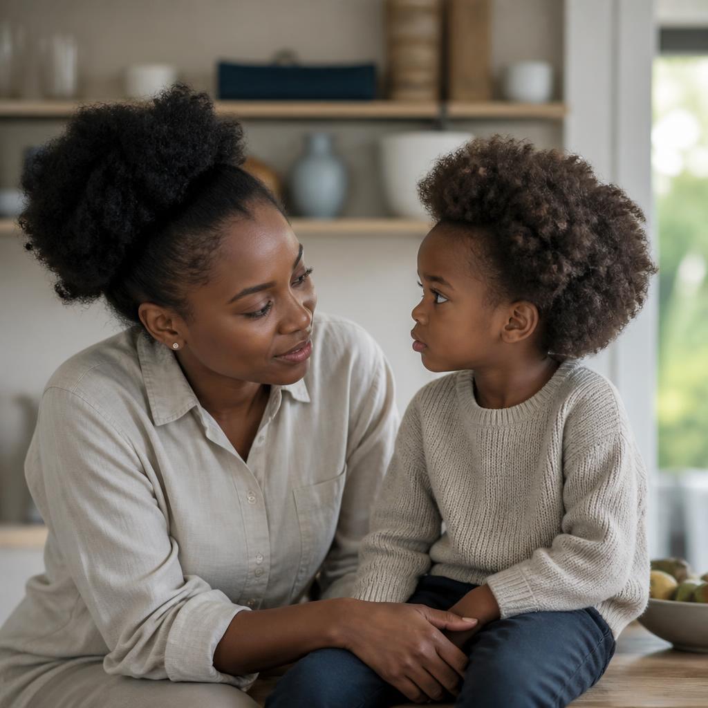 A parent and child talking calmly together at home in warm natural light