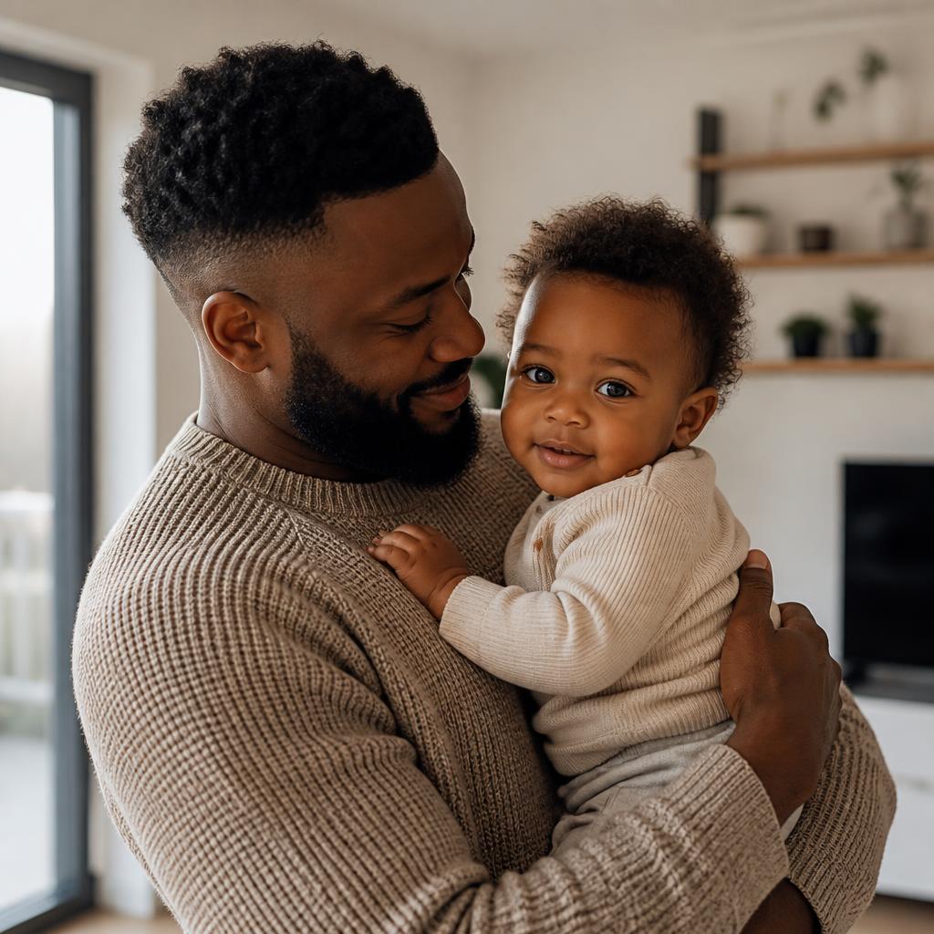 A parent sitting quietly with their child during a settled moment at home