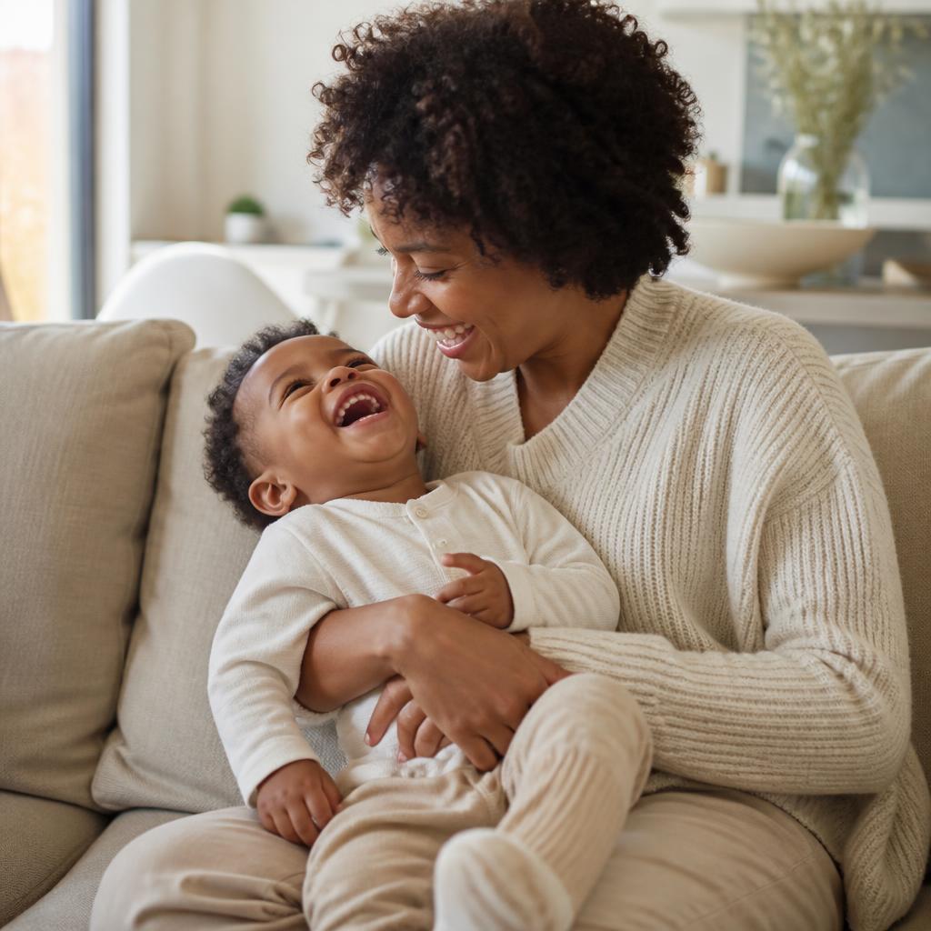 Parent holding a young child in soft natural window light, sharing a quiet, connected moment