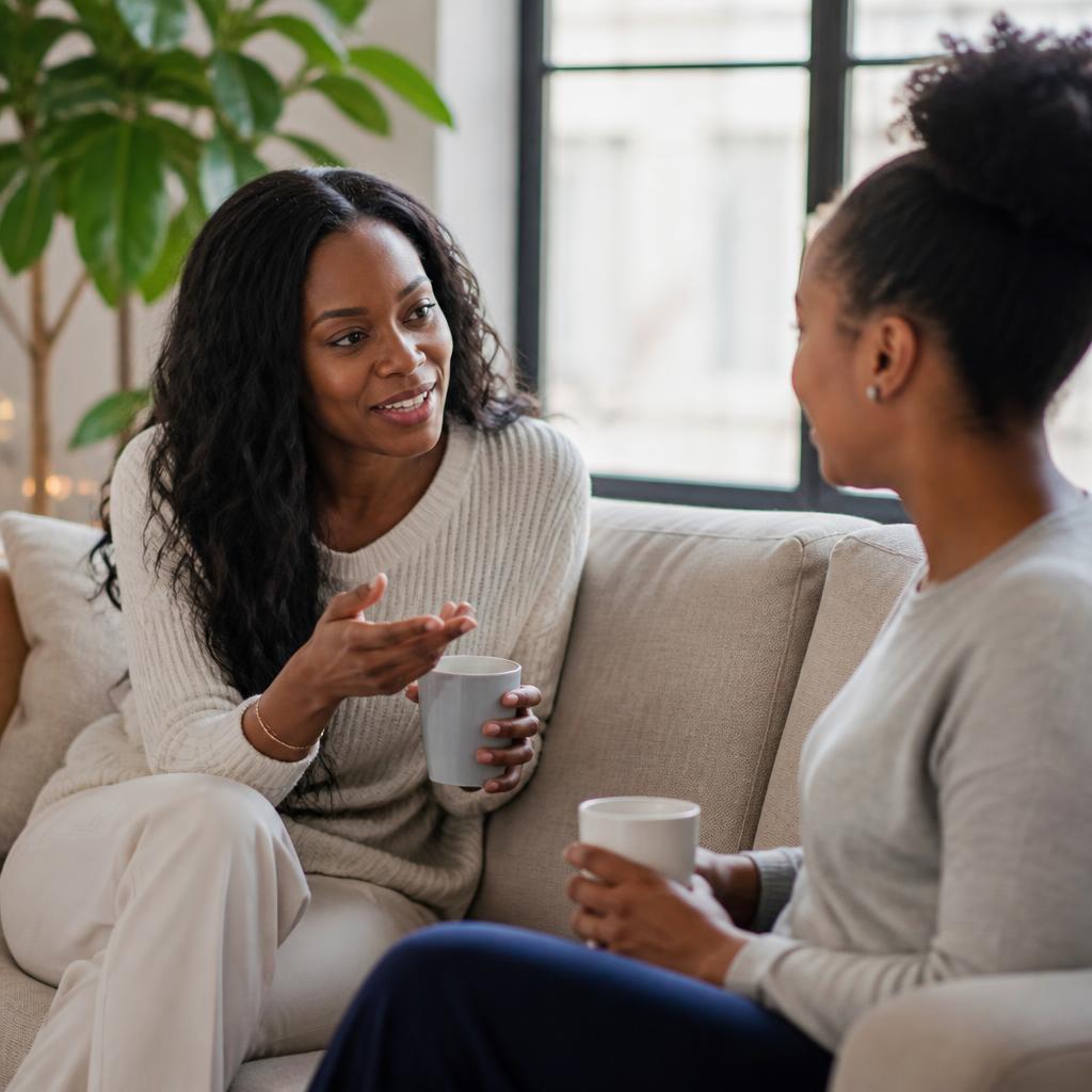 Parent in a warm 1:1 coaching conversation